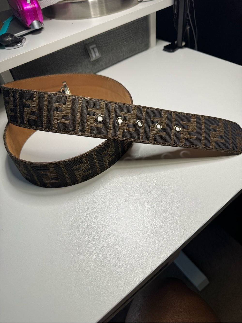 Fendi Brown Monogram FF Canvas Belt with Tan Leather Interior